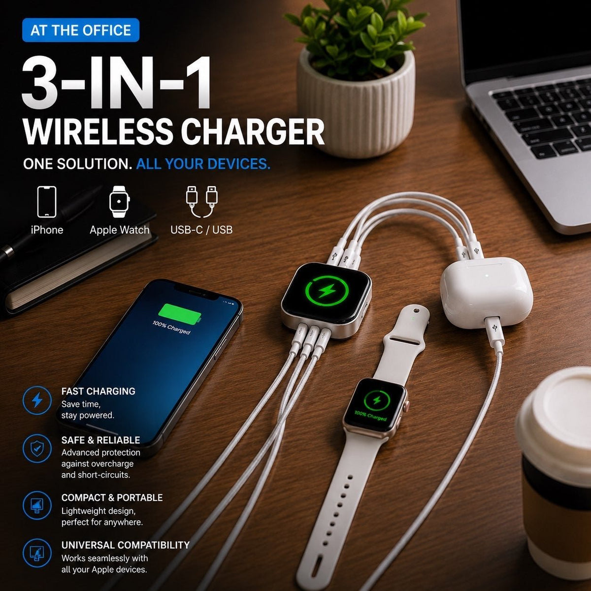 3 in 1 Wireless Charger Quick Charger USB Cable - Voltix