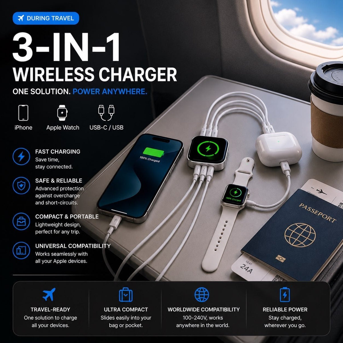 3 in 1 Wireless Charger Quick Charger USB Cable - Voltix