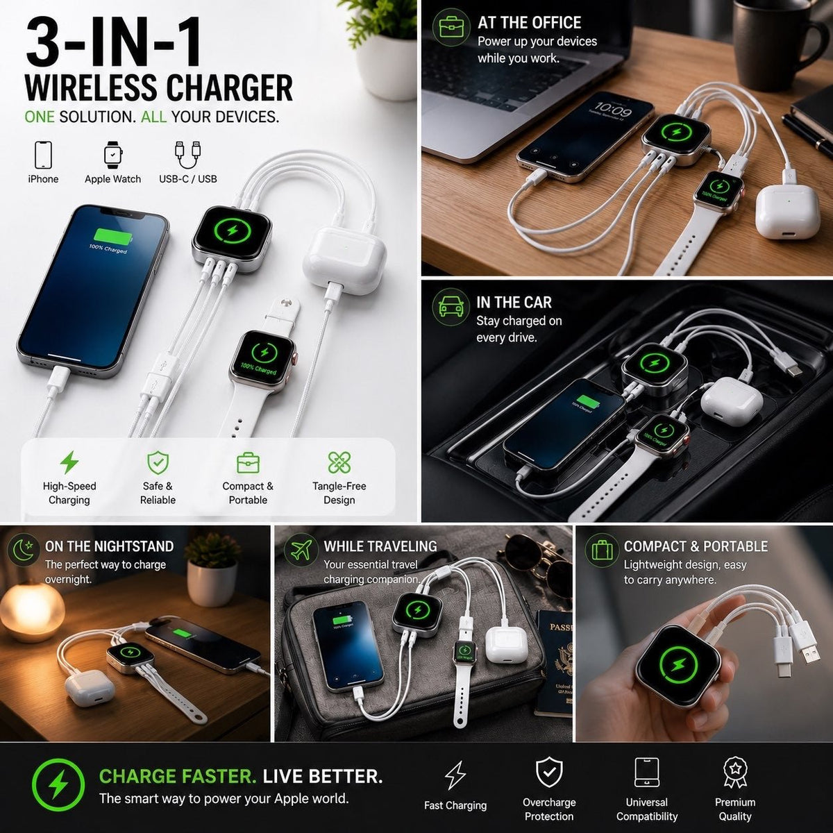 3 in 1 Wireless Charger Quick Charger USB Cable - Voltix