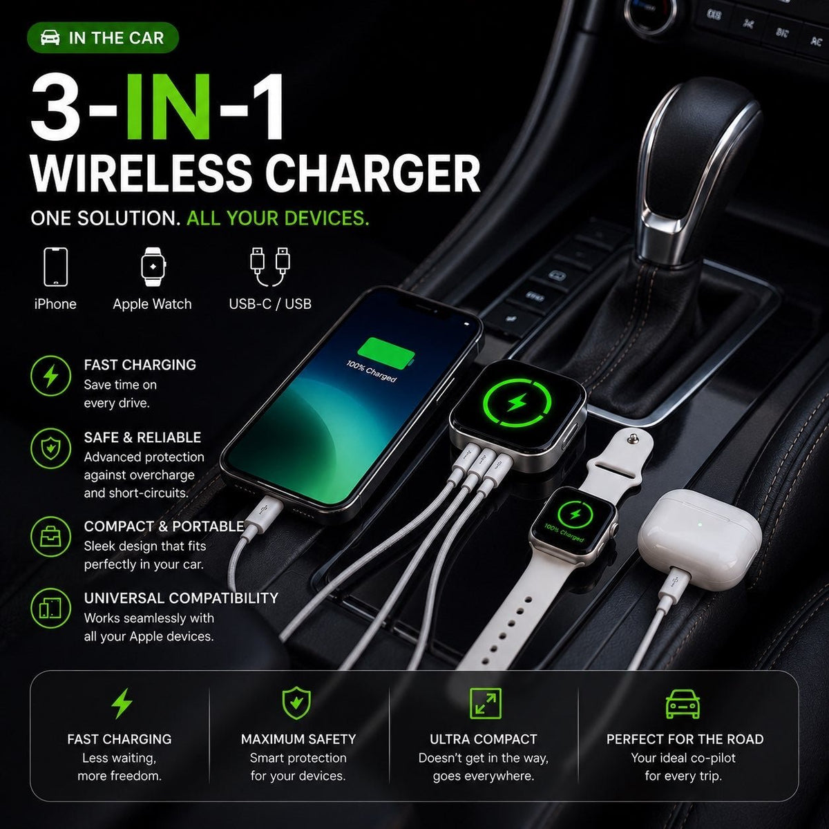 3 in 1 Wireless Charger Quick Charger USB Cable - Voltix