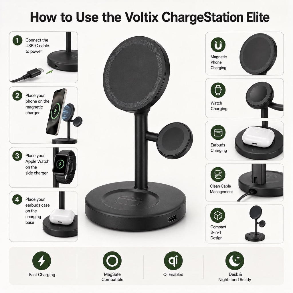 Station de recharge magnétique sans fil 3-en-1 Voltix™ ChargeStation Elite
