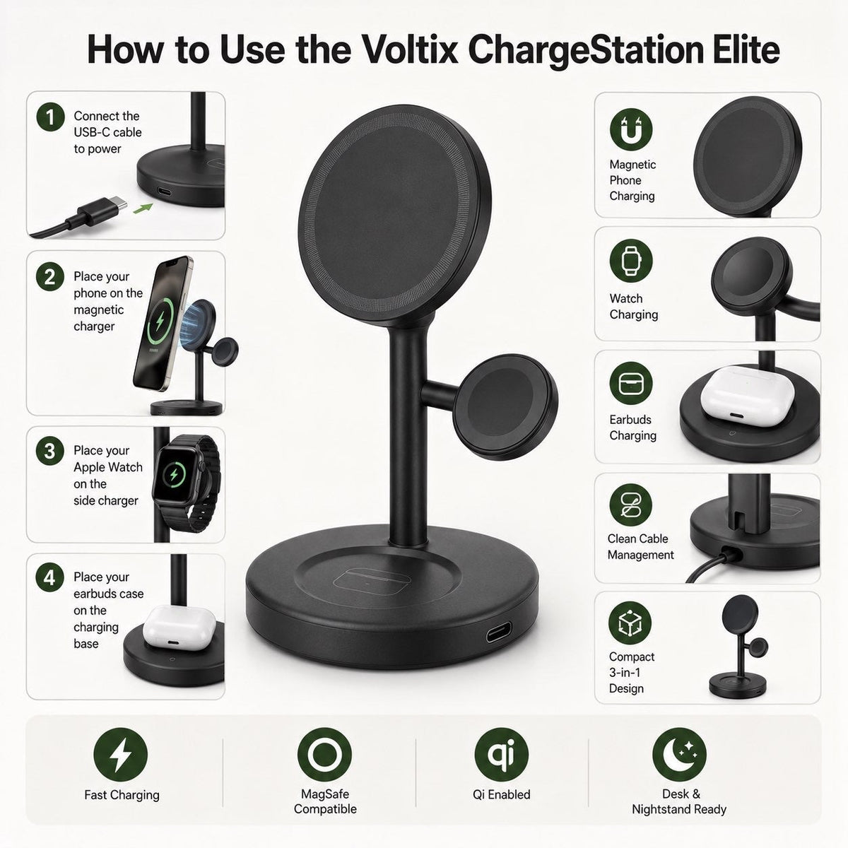 Voltix™ ChargeStation Elite — 3-in-1 Magnetic Wireless Charging Dock - Voltix